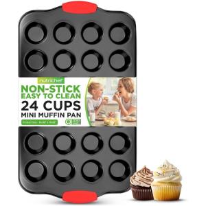 imageNutriChef 24Cup Nonstick Mini Muffin Pan  Heavy Duty Carbon Steel Bakeware Tray with Red Silicone Handles  Bake Mini Cupcakes Muffins ampamp Savory Treats  16quot x 10quot Black