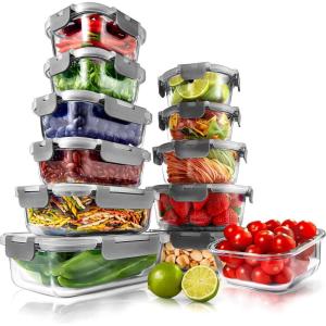 imageNutriChef 24pcs Glass Food Storage Containers 12 Stackable Heavy Duty Meal Prep Containers w 12 Airtight Lids Microwave Freezer ampamp Dishwasher Safe for Food Snacks Fruit ampamp More BlueGray