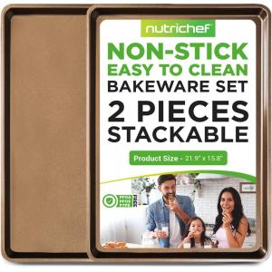 imageNutriChef 2Piece Nonstick XL Cookie Sheets for Baking  22quot x 16quot Carbon Steel Oven Extra Large Baking Sheet PFOA PFOS PTFE Free  Stackable ampamp Dishwasher Safe Gold