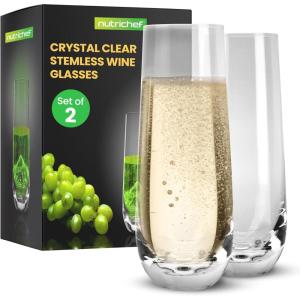imageNutriChef 2Piece Stemless Champagne Flutes Set  64quot Tall Crystal Glasses with Thick Heavy Base  Prosecco Wine Flute Highball Glass Mimosa Cocktail Glass Set Bar Glassware  Dishwasher SafeSet of 2