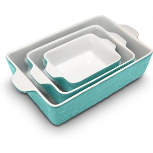 imageNutriChef 3Piece Ceramic Casserole Dish for Oven  Premium Lasagna Baking Pans w Nonstick Coating ampamp BuiltIn Handles  Dishwasher ampamp Microwave Safe  14quot x 8quot 10quot x 6quot 7quot x 5quot  RedAqua