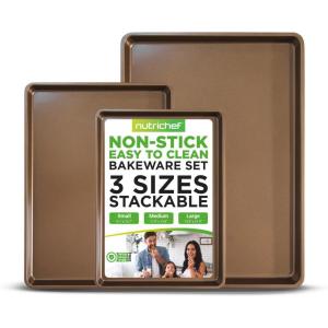 imageNutriChef 3Piece Nonstick Baking Pans Set  Thick Carbon Steel Oven Bake Trays  Includes XL Medium ampamp Small Sizes  Versatile Cookie Sheets for Baking ampamp Roasting Dishwasher Safe  GoldTrio Sets