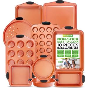 imageNutriChef 5Piece Bakeware Set  Premium NonStick Stackable Kitchen Baking Pans with Silicone Handles  Includes 3 Cookie Sheets Baking Pan ampamp Lid  Perfect for Cakes Cookies ampamp BrowniesSet of 10