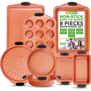 imageNutriChef 5Piece Bakeware Set  Premium NonStick Stackable Kitchen Baking Pans with Silicone Handles  Includes 3 Cookie Sheets Baking Pan ampamp Lid  Perfect for Cakes Cookies ampamp BrowniesSet of 8