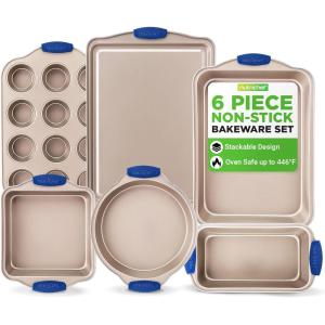 imageNutriChef 6Piece Nonstick Bakeware Set  Premium Carbon Steel Baking Trays wHeatSafe Silicone Handles  Includes Loaf Pan MuffinCupcake Pan Round ampamp Square Roaster Pans Cookie Sheet  NCSBSG366 Pieces Set
