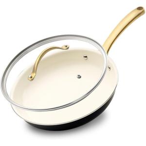 imageNutriChef 8Inch Professional Ceramic Frying Pan With Lid  Small Skillet with Golden Titanium Handle NonStick Ceramic Coating StainResistant Easy to Clean Ideal for Home Cooking