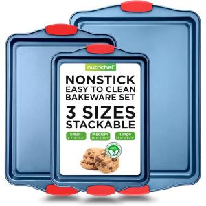 imageNutriChef 8Piece Nonstick Baking Pan Set  Premium Carbon Steel Bakeware w Silicone Handles  Includes Pizza Tray Loaf Pan 12Cup Muffin Pan RoundSquare Pans ampamp Cookie Sheet  Blue3Piece Set