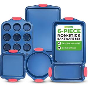 imageNutriChef 8Piece Nonstick Baking Pan Set  Premium Carbon Steel Bakeware w Silicone Handles  Includes Pizza Tray Loaf Pan 12Cup Muffin Pan RoundSquare Pans ampamp Cookie Sheet  Blue6 Piece Set