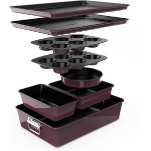 imageNutriChef 8Piece Nonstick Stackable Bakeware Set  PFOA PFOS PTFE Free Baking Pans Set wNonStick Coating 450F Oven Safe Round Cake Loaf Muffin WideSquare Pans Cookie Sheet GrayPurple