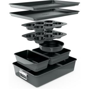 imageNutriChef 8Piece Nonstick Stackable Bakeware Set  PFOA PFOS PTFE Free Baking Pans Set wNonStick Coating 450F Oven Safe Round Cake Loaf Muffin WideSquare Pans Cookie Sheet GrayGray