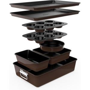 imageNutriChef 8Piece Nonstick Stackable Bakeware Set  PFOA PFOS PTFE Free Baking Pans Set wNonStick Coating 450F Oven Safe Round Cake Loaf Muffin WideSquare Pans Cookie Sheet GrayBrown