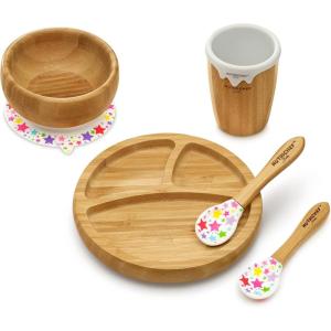 imageNutriChef Baby and Toddler 3 Compartment Plate Bowl Cup and Spoon Feeding Set Silicon Suction Nontoxic all Natural Bamboo Baby Food Plate Stars
