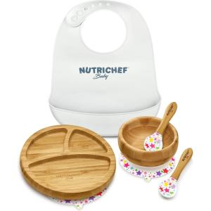 imageNutriChef Baby and Toddler 3 compartment plate bowl and spoon feeding set silicon suction Nontoxic all natural Bamboo baby food plate with silicon bib Star
