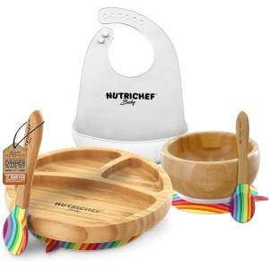 imageNutriChef Baby and Toddler 3 compartment plate bowl and spoon feeding set silicone suction Nontoxic all natural Bamboo baby food plate with silicone bib Rainbow Small