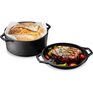 imageNutriChef Cast Iron Multi Cooker  PreSeasoned NonStick Double Dutch Oven Stovetop Casserole Cookware Braising Pot and Skillet Lid with Handle For Oven Stove Grill Over a Campfire Cooking