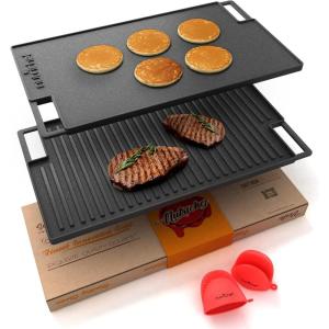 imageNutriChef Cast Iron Reversible Grill Plate  18 Inch Flat ampamp Ridged Skillet Griddle Pan Fits Two Burners for Gas Electric Ceramic Stovetops with Silicone Oven Mitt