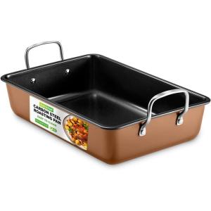 imageNutriChef Deep Roasting Pan with Wire Handles  Premium Nonstick Carbon Steel Baking Dish MultiUse Bakeware for Turkey Chicken Lasagna ampamp Casserole  Easy to Clean Brown  15quot x 10quot x 37quot