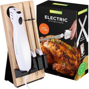 imageNutriChef Electric Carving Turkey Slicer Kitchen Knife  For Thanksgiving  Portable Electrical Food Cutter Knife Set with Carving Blades ampamp Wood Carving Stand  Cuts Meat Bread Cheese ampamp Fruit