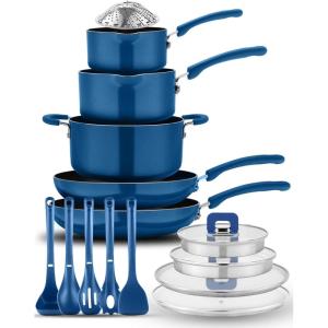 imageNutriChef Kitchenware Cookware NonStick Pans and Pots with foldable Knob Space Saving Stackable Nylon Tools Induction Base Brown 17Pc SetBlue