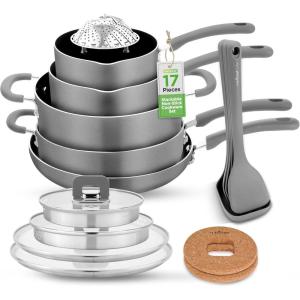imageNutriChef Kitchenware Cookware NonStick Pans and Pots with foldable Knob Space Saving Stackable Nylon Tools Induction Base Brown 17Pc SetGray