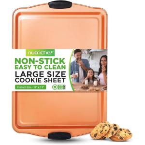 imageNutriChef Large Nonstick Cookie Sheet for Baking  17quot x 11quot Carbon Steel Kitchen Oven Baking Pan Premium Restaurant Grade Bakeware wBlue Silicone Handles  Easy to Clean Champagne GoldCopper