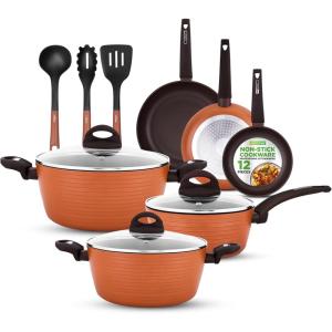 imageNutriChef Metallic Ridge Line Nonstick Cooking Kitchen Cookware Pots and Pan Set with with Lids and Utensils 12 Piece Set GrayAssorted