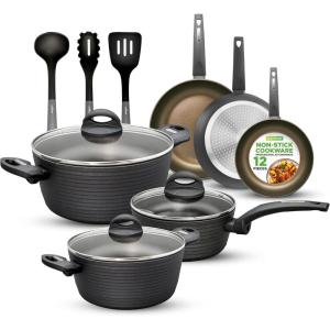 imageNutriChef Metallic Ridge Line Nonstick Cooking Kitchen Cookware Pots and Pan Set with with Lids and Utensils 12 Piece Set GrayGray