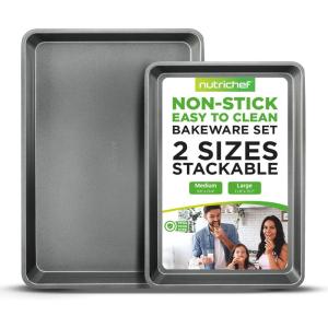 imageNutriChef NonStick Cookie Sheet Baking Pans 2Piece Oven Baking Trays w Superior Nonstick Coating  15quot x 11quot ampamp 13quot x 9quot Sizes for Convenient Roasting ampamp Baking  Dishwasher SafeGray