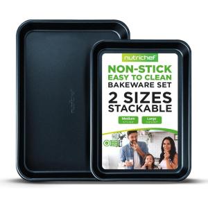 imageNutriChef NonStick Cookie Sheet Baking Pans 2Piece Oven Baking Trays w Superior Nonstick Coating  15quot x 11quot ampamp 13quot x 9quot Sizes for Convenient Roasting ampamp Baking  Dishwasher SafeBlue Diamond