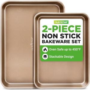 imageNutriChef NonStick Cookie Sheet Baking Pans 2Piece Oven Baking Trays w Superior Nonstick Coating  15quot x 11quot ampamp 13quot x 9quot Sizes for Convenient Roasting ampamp Baking  Dishwasher SafeChampagne Gold