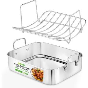 imageNutriChef Premium Stainless Steel Roasting Pan with Rack  HeavyDuty 14 Turkey Roasting Pan for Turkey Chicken ampamp Meats Wide Handles Dishwasher SafeWith Wire Handle