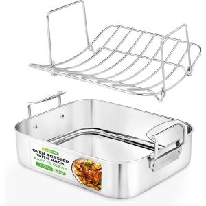 imageNutriChef Premium Stainless Steel Roasting Pan with Rack  HeavyDuty 14 Turkey Roasting Pan for Turkey Chicken ampamp Meats Wide Handles Dishwasher SafeWith Cast Handle