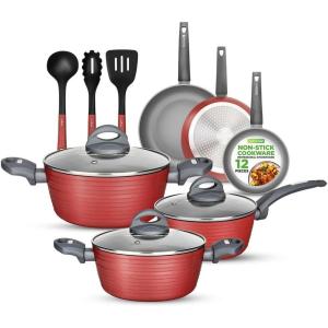 imageNutriChef Professional 12Piece Red Nonstick Cookware  PFOAPFOSFree Heat Resistant Lacquer Elegant Design MultiSized Pots and PansRed