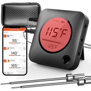 imageNutriChef Smart Bluetooth BBQ Thermometer  Zip Travel Case Upgraded Stainless Probe wLCD Display Wireless Remote Alert Android iPhone Gas Charcoal BBQ Smoker Temperature Monitoring  PWIRBBQ299