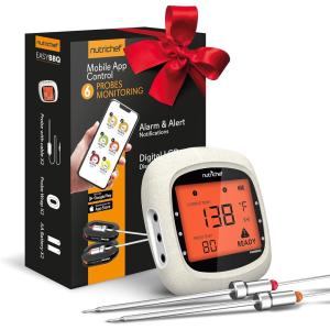 imageNutriChef Smart Bluetooth BBQ Thermometer with Travel Zip Case Upgraded Stainless w 2 Temperature Probes LCD Display Done Alarm Android iPhone Gas Charcoal BBQ Smoker Temp MonitoringWhite 2 Probes