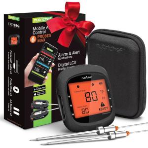 imageNutriChef Smart Bluetooth BBQ Thermometer with Travel Zip Case Upgraded Stainless w 2 Temperature Probes LCD Display Done Alarm Android iPhone Gas Charcoal BBQ Smoker Temp MonitoringBlack 2 Probes  Carry Case