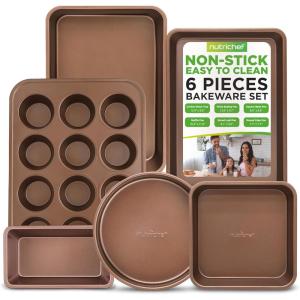 imageNutriChef Stackable NonStick Baking Pans Set  Carbon Steel Bakeware Set w Cookie Sheet Muffin ampamp Loaf Pan Double Coated for Easy Release Oven ampamp Dishwasher Safe Resists Warping  Easy to CleanGold