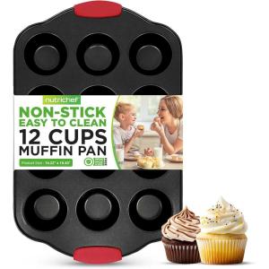 imageNutrichef 12 Cup Muffin Pan Durable and Nonstick Carbon Steel Bake Pan with Silicone Handles Kitchen Essential Cupcake Pan Stain Resistant Easy Clean PFOA PFOS PTFE Free 1622 x 1043Black