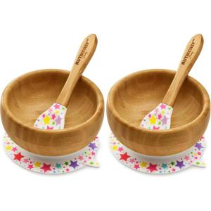imageNutriChef Bamboo Baby Feeding Bowl  Wooden Infant Toddler Dish and Spoon Set wSilicone Suction Base for Stay Put Eating For Children Aged 472 Months Star BowlSmall Pack of 2