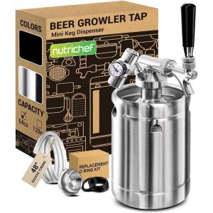 imageNutriChef Pressurized Growler Tap System 128oz Stainless Steel Mini Keg Dispenser Portable Kegerator Kit Co2 Pressure Regulator Keeps Carbonation for Craft Beer Draft and HomebrewSingle Wall