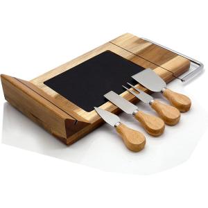 imageNutriChef Slicing Bamboo Cheese Board Platter  4 Stainless Steel Knives and Magnet Holder  Modern Wood Snack Serving Tray w Stone Slate Slab  Slicer Blade for Cutting  NutriChef PKCZBD50
