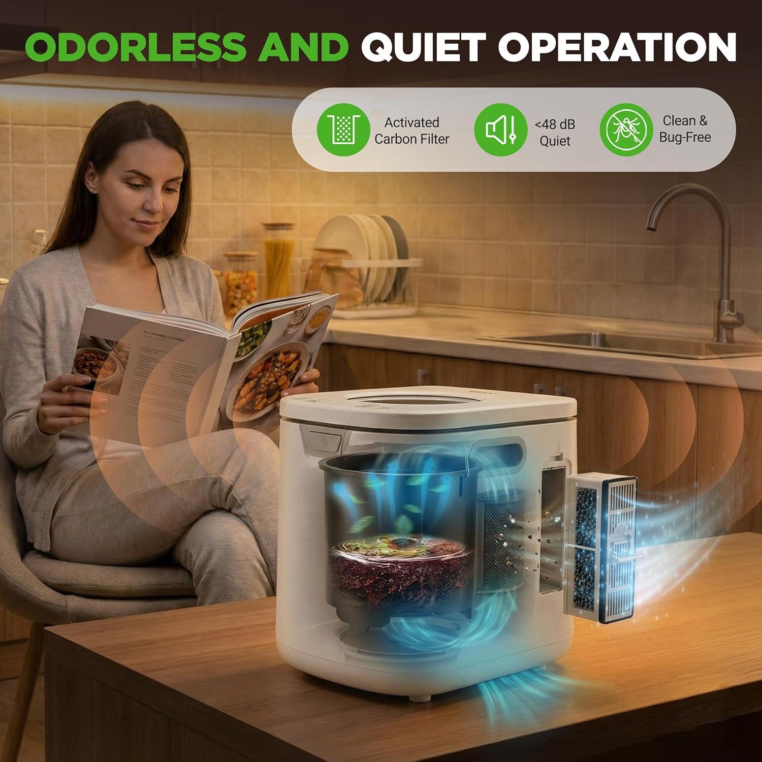 imageNutriChef 4 Quart Electric Kitchen Composter  Smart Countertop Composter Includes 2 Odorless Carbon Filters  Electric Compost Bin for Indoor Use  3 Volume Based Modes Small Medium amp Large  White