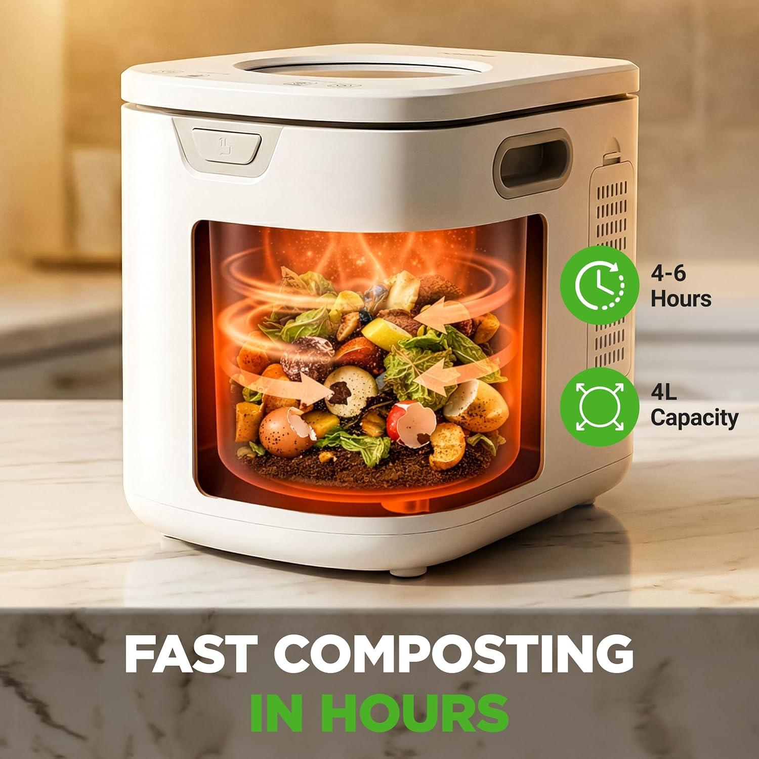 imageNutriChef 4 Quart Electric Kitchen Composter  Smart Countertop Composter Includes 2 Odorless Carbon Filters  Electric Compost Bin for Indoor Use  3 Volume Based Modes Small Medium amp Large  White