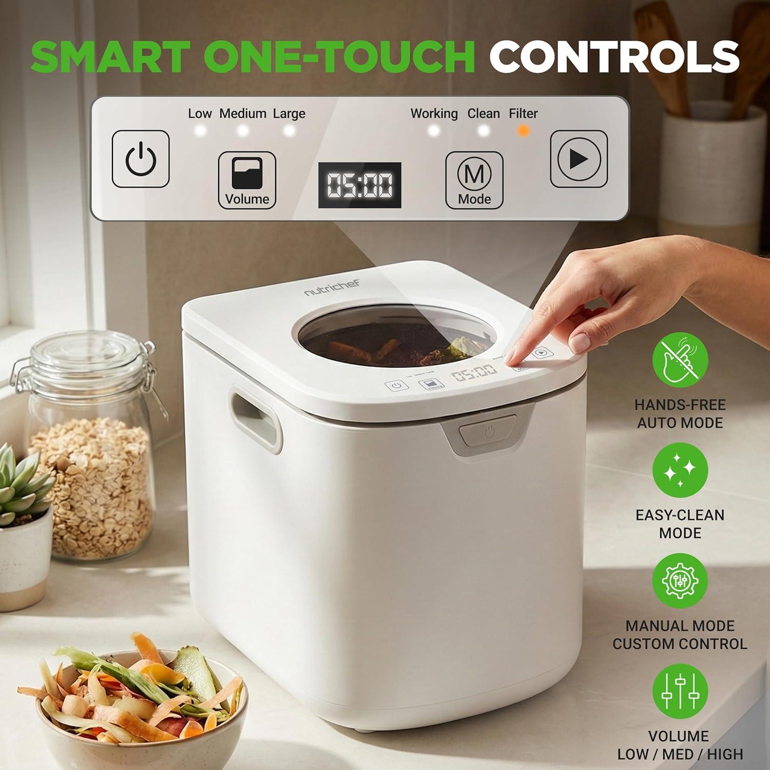 imageNutriChef 4 Quart Electric Kitchen Composter  Smart Countertop Composter Includes 2 Odorless Carbon Filters  Electric Compost Bin for Indoor Use  3 Volume Based Modes Small Medium amp Large  White