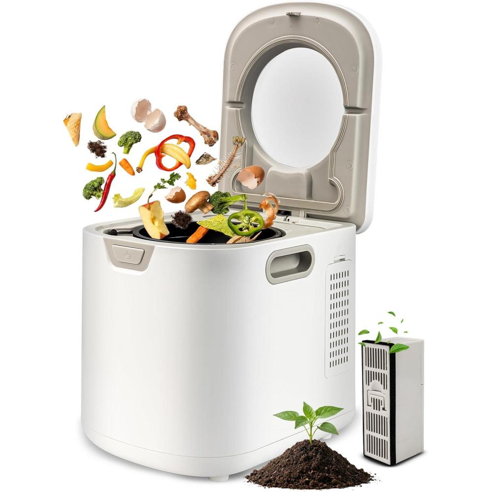imageNutriChef 4 Quart Electric Kitchen Composter  Smart Countertop Composter Includes 2 Odorless Carbon Filters  Electric Compost Bin for Indoor Use  3 Volume Based Modes Small Medium amp Large  White