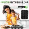 imageNutriChef NonStick 2Piece 12 Cup Muffin Pans with 100 Parchment Cupcake Liners Carbon Steel Professional Grade Muffin Pans for Baking Durable amp Dishwasher Safe 137x104x11 Inch Black