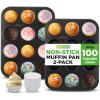 imageNutriChef NonStick 2Piece 12 Cup Muffin Pans with 100 Parchment Cupcake Liners Carbon Steel Professional Grade Muffin Pans for Baking Durable amp Dishwasher Safe 137x104x11 Inch Black