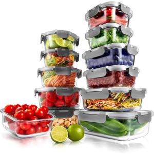 image24Piece Glass Food Storage Containers  Stackable Superior Glass Mealprep Containers wNewly Innovated Hinged BPAFree 100 Leakproof Locking Lids  FreezertoOvenSafe  NutriChef NCGLBU5 BlueGray