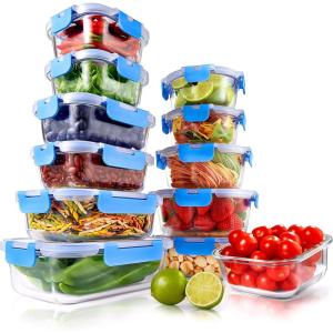 image24Piece Glass Food Storage Containers  Stackable Superior Glass Mealprep Containers wNewly Innovated Hinged BPAFree 100 Leakproof Locking Lids  FreezertoOvenSafe  NutriChef NCGLBU5 BlueBlue