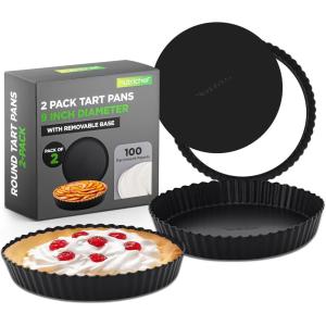 imageNutriChef 2 Round Tart Pans  9 Inch Carbon Steel Tart Baking Trays with Removable Base  Nonstick amp Even Heat Distribution  Includes 100 Parchment Papers  Height of 1 Inch  Black